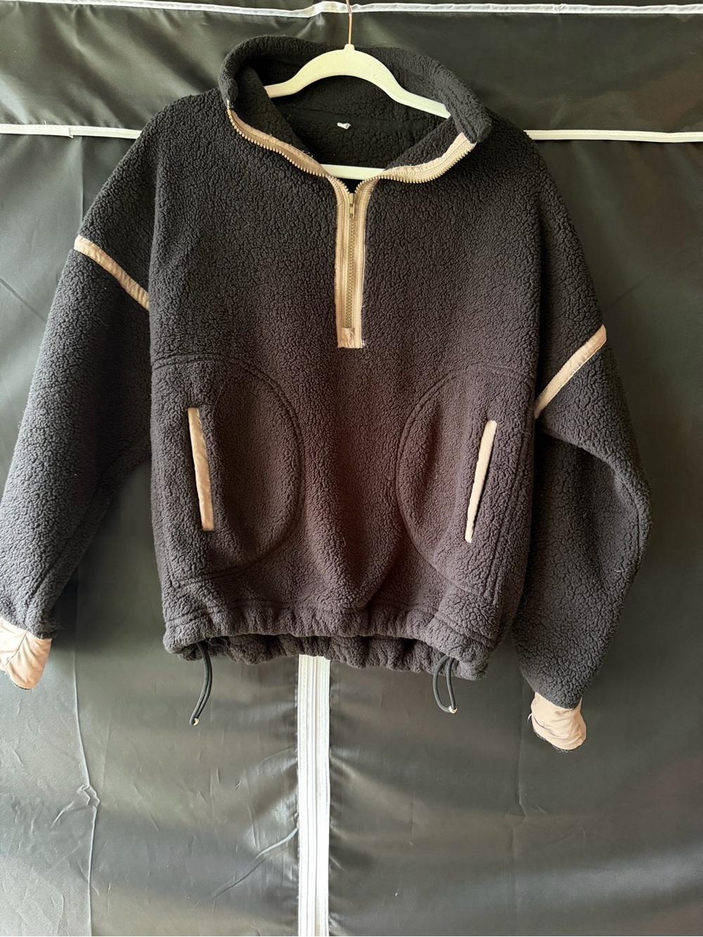 Cozy Black Sherpa Half-Zip Pullover with Tan Trim size sm